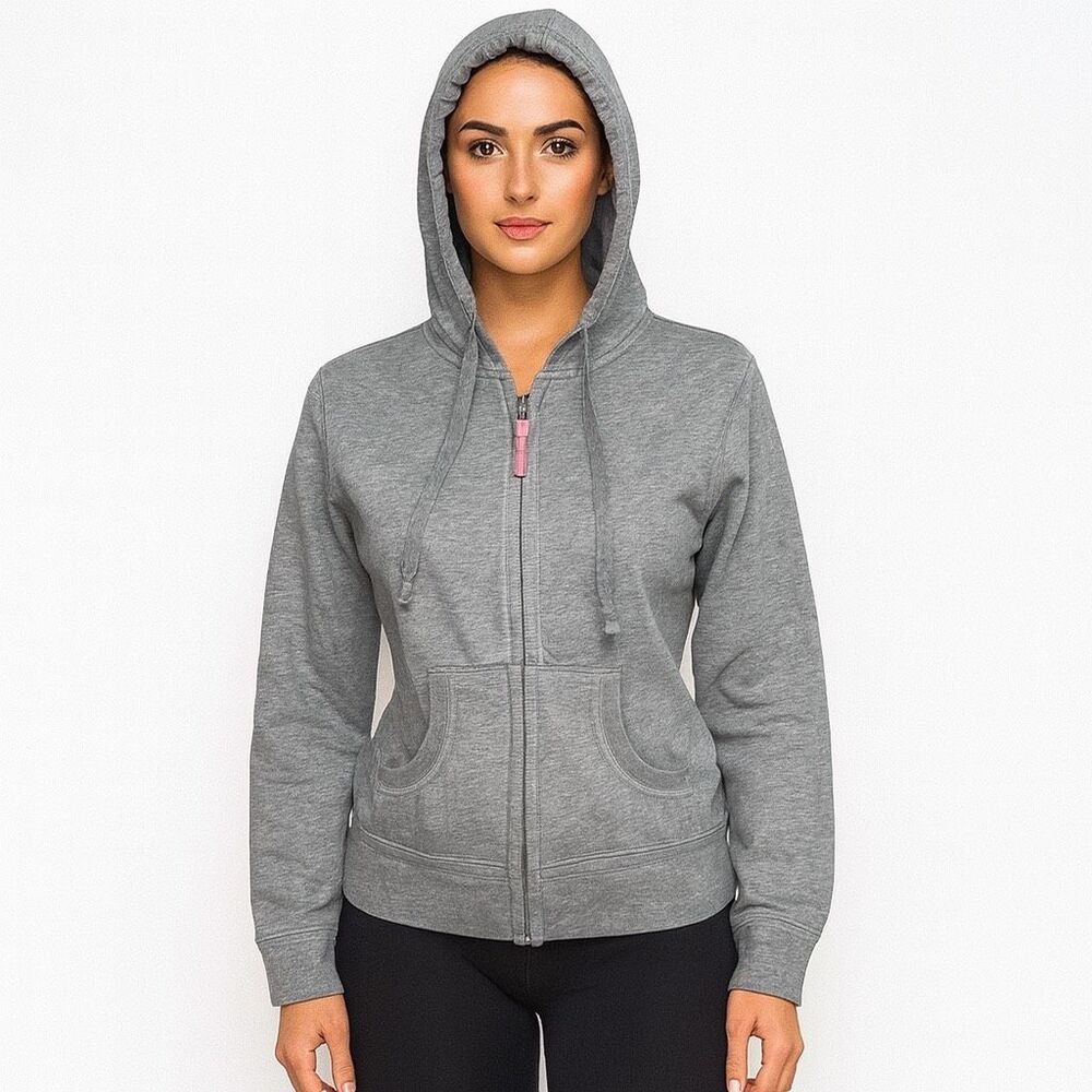 Solid Gray with Pink Zip up Hoodie with pockets Cotton Blend Long sleeve size M